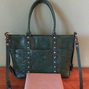 $229 Rare Patricia Nash Green Tooled Floral Leather Carducci Pocket Tote Handbag